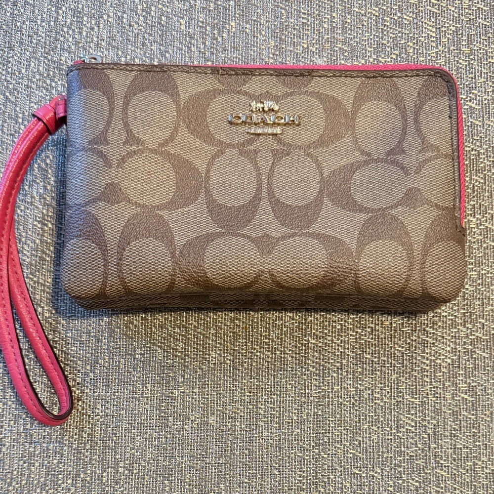 Coach Brown and Pink Monogram Wristlet with Leather Trim